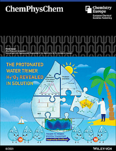 Cover: Infrared and NMR spectroscopic fingerprints of the asymmetric H7+ O3 complex in solution